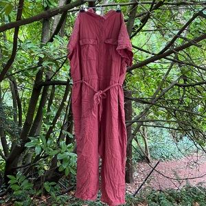 Coral-pink plus-size boiler-suit-style jumpsuit
